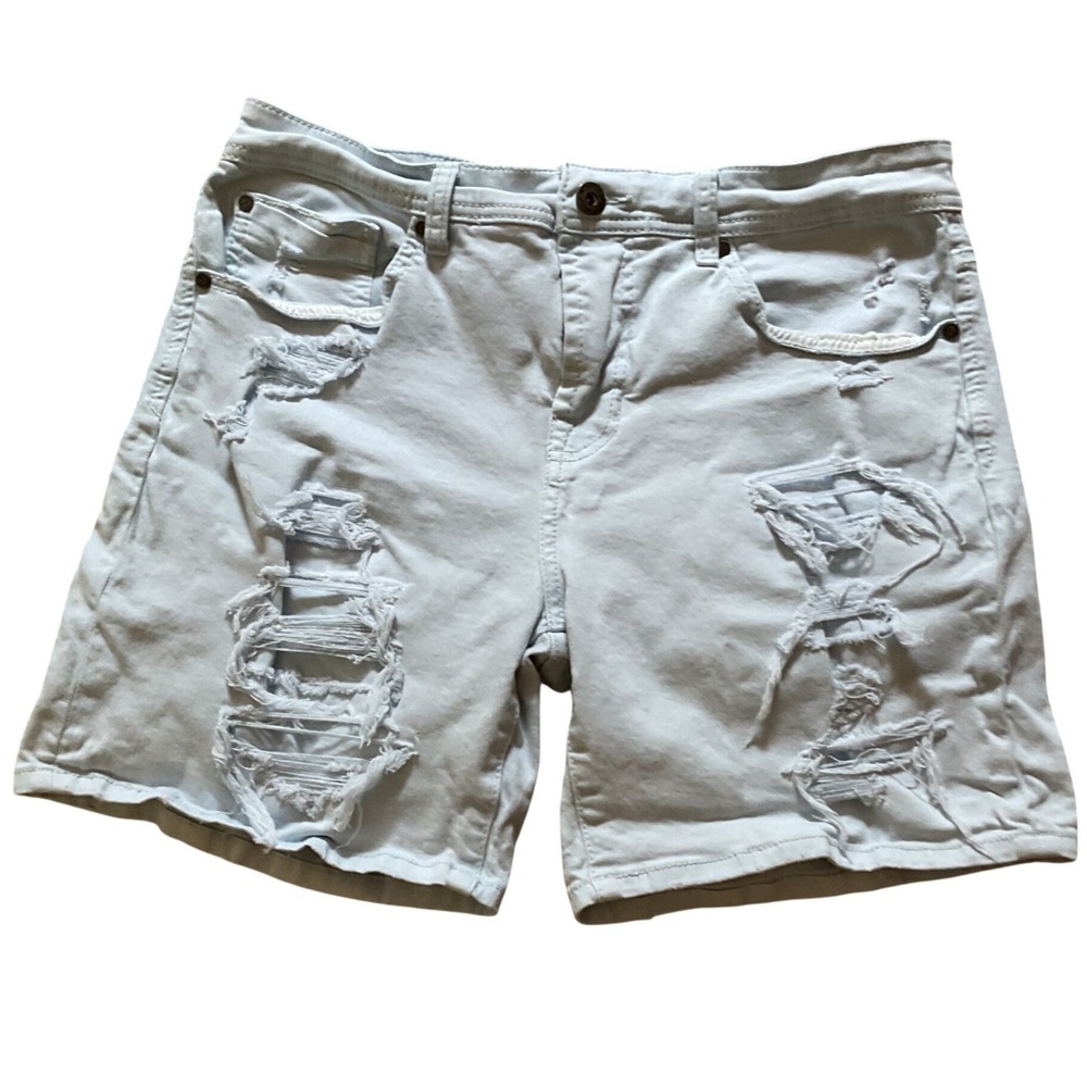 Departwest Drifter Mens Distressed Denim Shorts Light Wash Blue Ripped Size 31